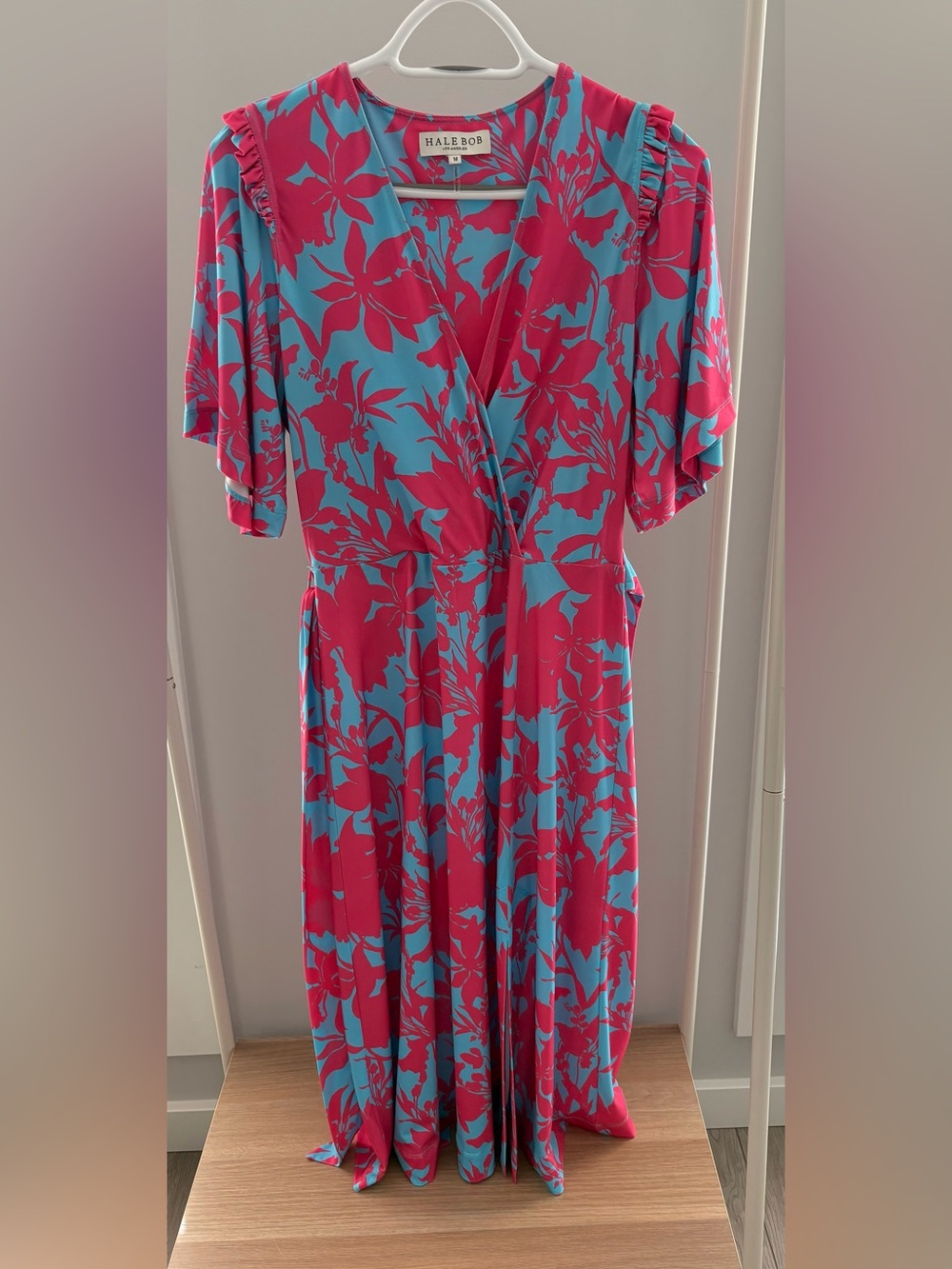 Hale Bob Pink Blue Floral Jersey Wrap Midi Dress Size M